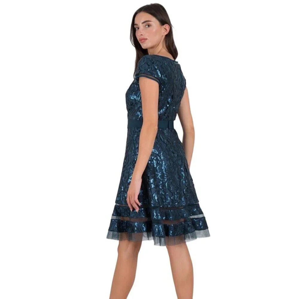 Tadashi Shoji Teal Sequined Fit & Flare Designer Cocktail Dress Size 8